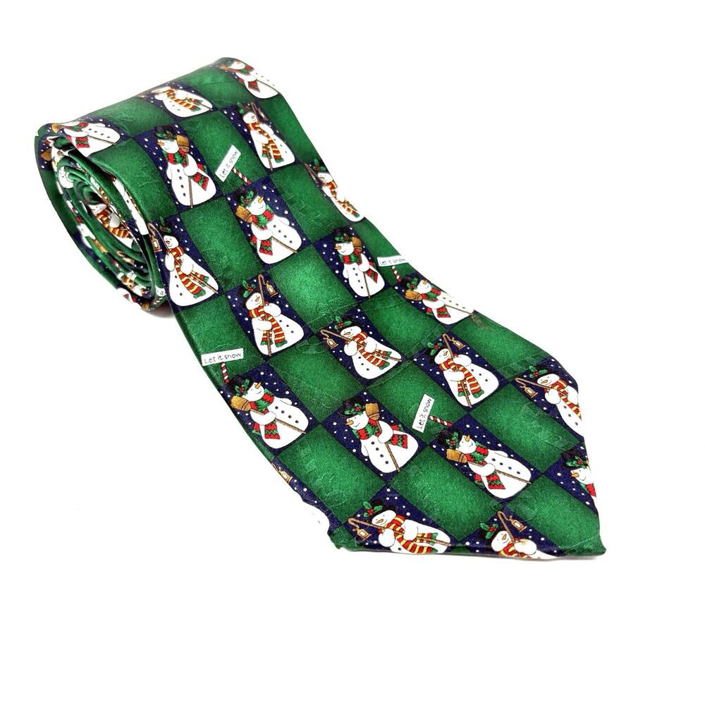 Yule Tie Greetings Hallmark Green Snowmen Holiday Necktie Christmas Vintage 62"‎